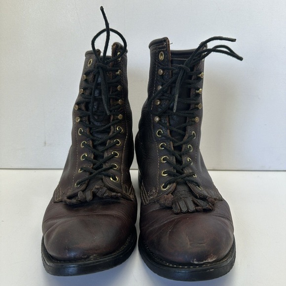 PD TUFF Boots Made in USA Union Brown Leather Kiltie Roper Lace Up Womens Size 8 - Picture 7 of 13